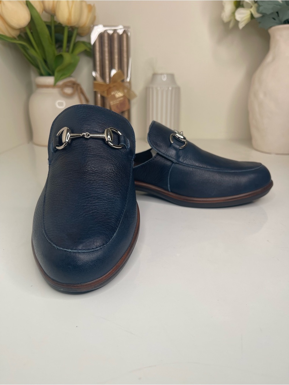 Naot Navy Leather Slip-On Loafers with Silver Horsebit